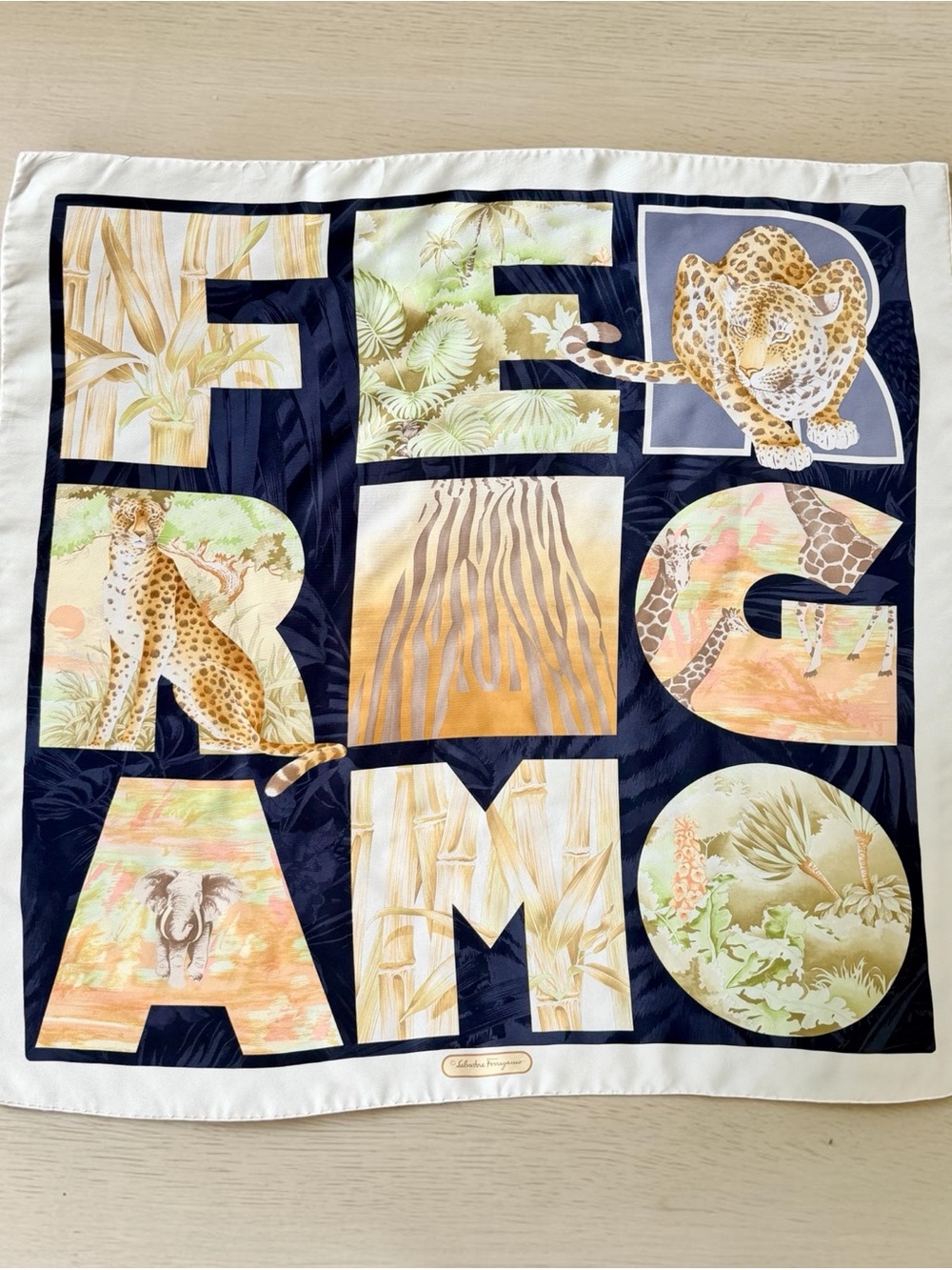 Salvatore Ferragamo Silk Jungle/Safari Letter Scarf Leopard/Giraffe/Elephant